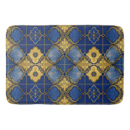 Tapete De Banheiro Padrão Marroquino Inspirado Trevos Azul Dourado
