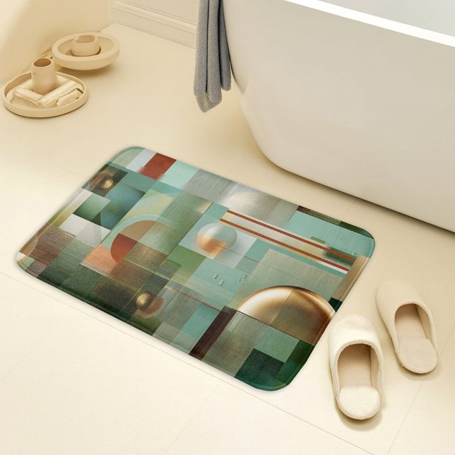 Tapete De Banheiro Padrão Moderno Abstrato Bauhaus Verde Dourado (Bath mat featuring a modern abstract design inspired by the Bauhaus style in green and gold)