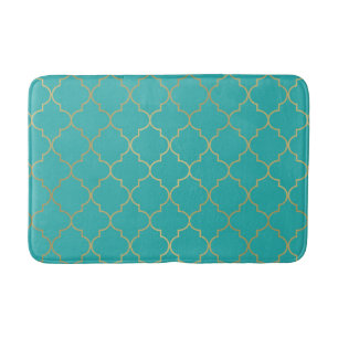 Tapete De Banheiro Padrão Quatrefoil Dourado e Verde Água