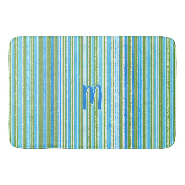 Tapete De Banheiro Padrão Teal, Blue, Green e White Stripe (Frente)