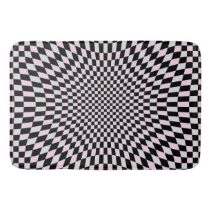 Tapete De Banheiro Padrão Trippy Xadrez Preto Rosa Cinza