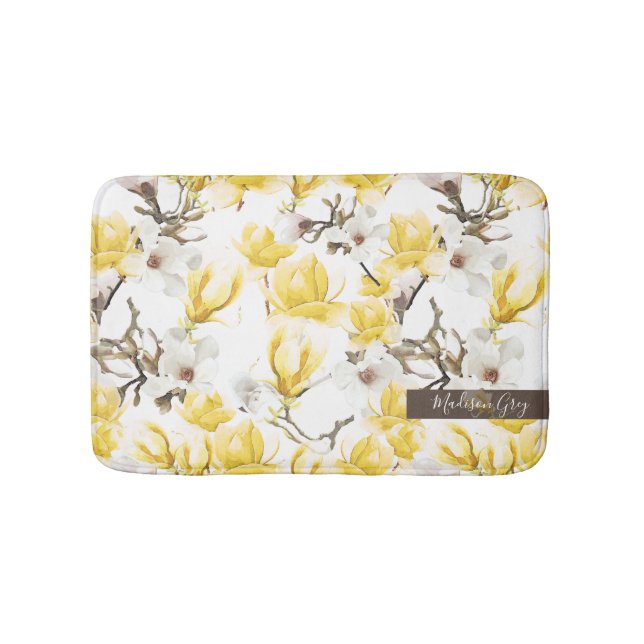 Tapete De Banheiro Padrões de Aquarela Amarelo e Branco Magnolia Flor (frente)
