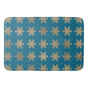 Tapete De Banheiro Padrões de Floco de Neve em Dourado Brilhante Azul