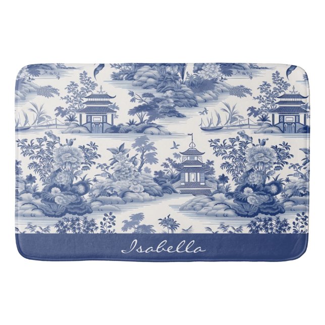 Tapete De Banheiro Pagoda Azul Pagoda Padrão Chinoiserie Personalizad (Frente)