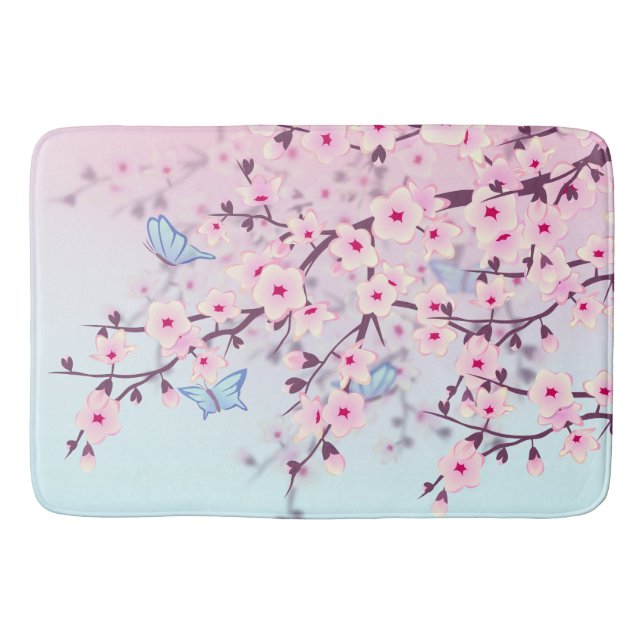 Tapete De Banheiro Paisagem de Flores de Cerejeira Rosa Céu Azul (Frente)