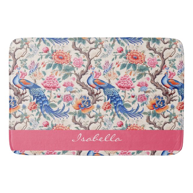 Tapete De Banheiro Paisagem Floral Asiática de Peacock Personalizada (Frente)