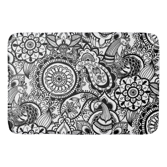 Tapete De Banheiro Paisley floral branco preto bonito (Frente)