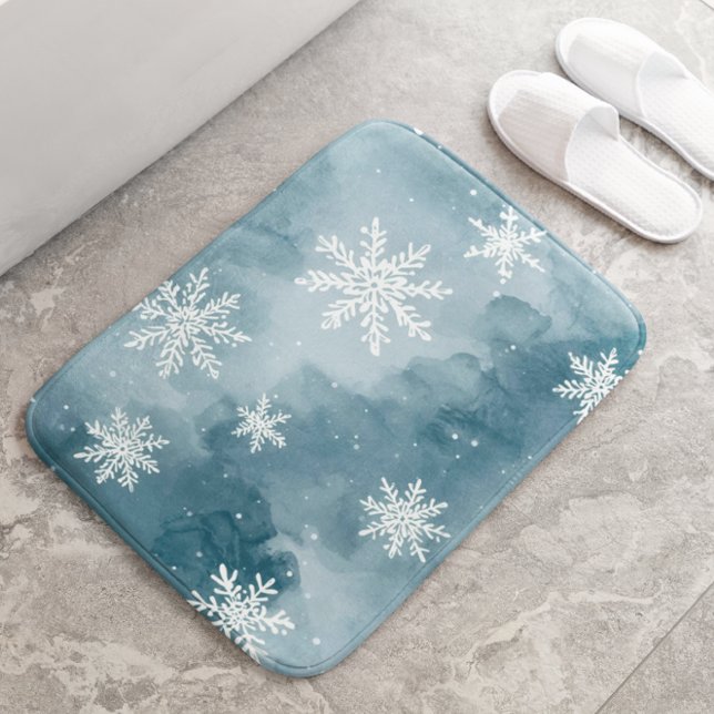 Tapete De Banheiro Pale Blue Snowflakes Watercolor Winter (Criador carregado)