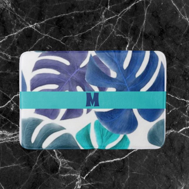 Tapete De Banheiro Palmas Tropicais de Azul e Roxo (Criador carregado)