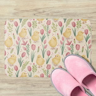 Tapete De Banheiro Páscoa Vintage Fofa Galinhas Amarelas Tulipas Verm