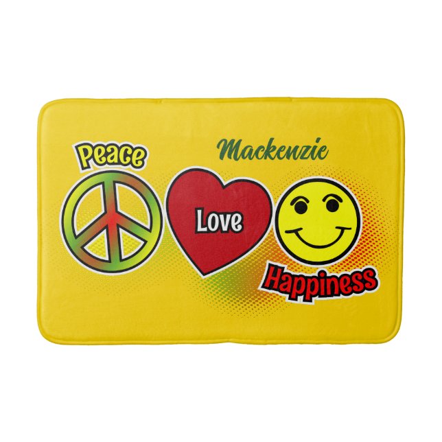 Tapete De Banheiro Peace Love Happiness Yellow (Frente)