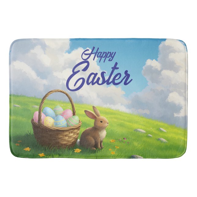 Tapete De Banheiro Peaceful Easter Spring Meadow Bunny & Egg Basket (Frente)