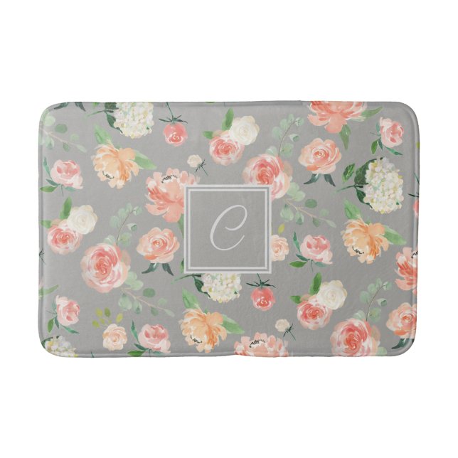 Tapete De Banheiro Peach e Taupe Padrão Floral com Monograma (Frente)