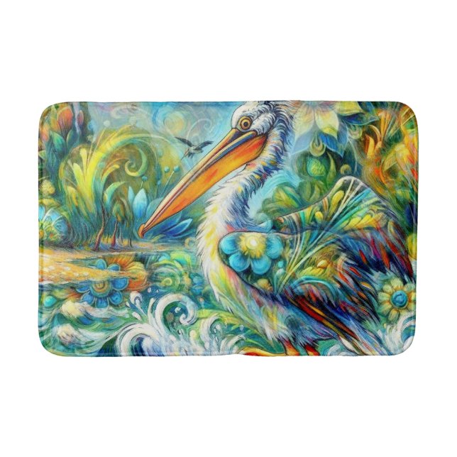 Tapete De Banheiro Pelicano no País das Maravilhas Amarelo Verde Flor (Frente)