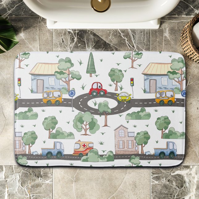 Tapete De Banheiro Pequena Cidade e Carros Padrão Colorido (Criador carregado)