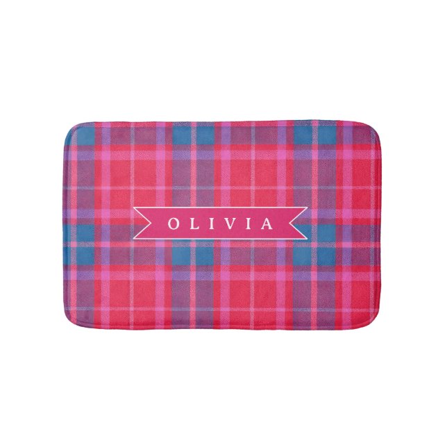 Tapete De Banheiro Personalizado Rosa Fúcsia Xadrez Préppy Customizad (frente)