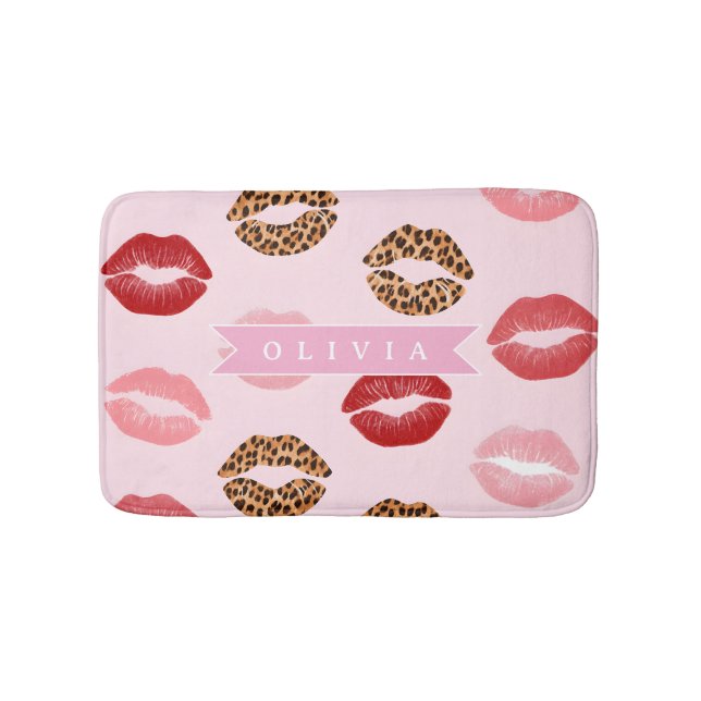 Tapete De Banheiro Personalized Chic Pink Leopart Print Lip Pattern (frente)
