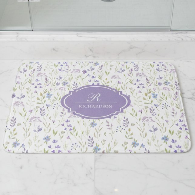 Tapete De Banheiro Personalized Purple Floral Monogram (purple blue wildflower floral bathmat with custom monogram initial and family name)