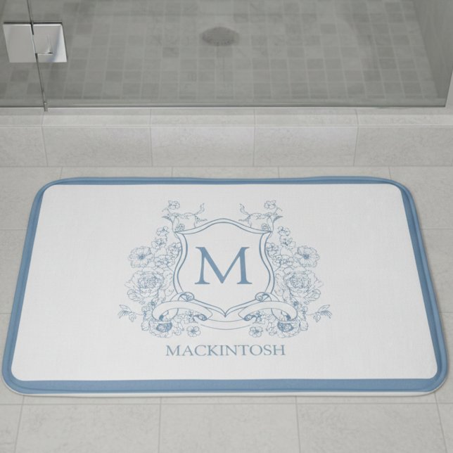 Tapete De Banheiro Personalized Vintage Blue Bath Mat (elegant powder blue french provincial family crest personalized monogram bath mat)