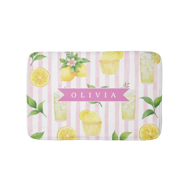 Tapete De Banheiro Personalized Watercolor Lemonade Cupcake Stripe (frente)