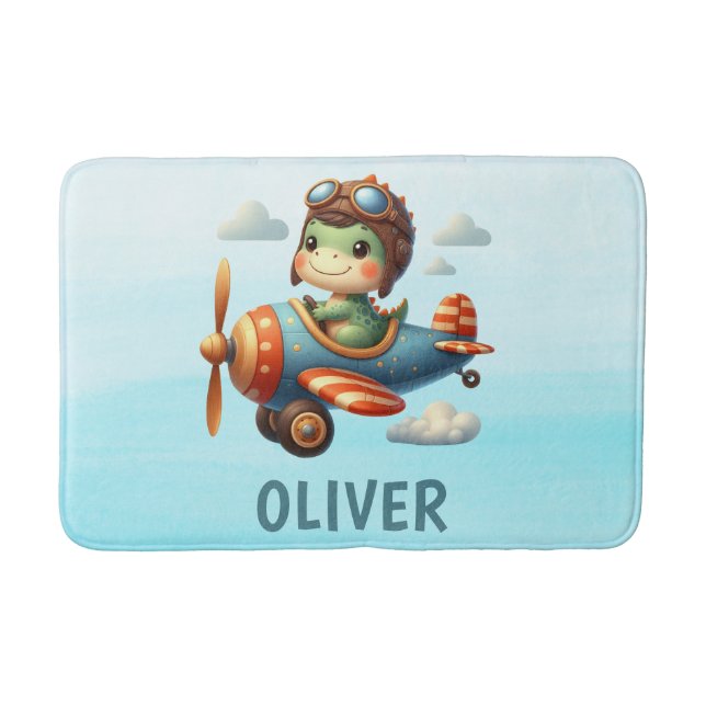 Tapete De Banheiro Piloto de coroa Trex Dinossauro Voando Avião Azul (Frente)