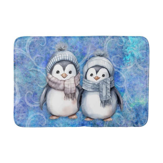 Tapete De Banheiro Pinguins de Aquarela Azul-Inverno Escarpando Chapé (Frente)