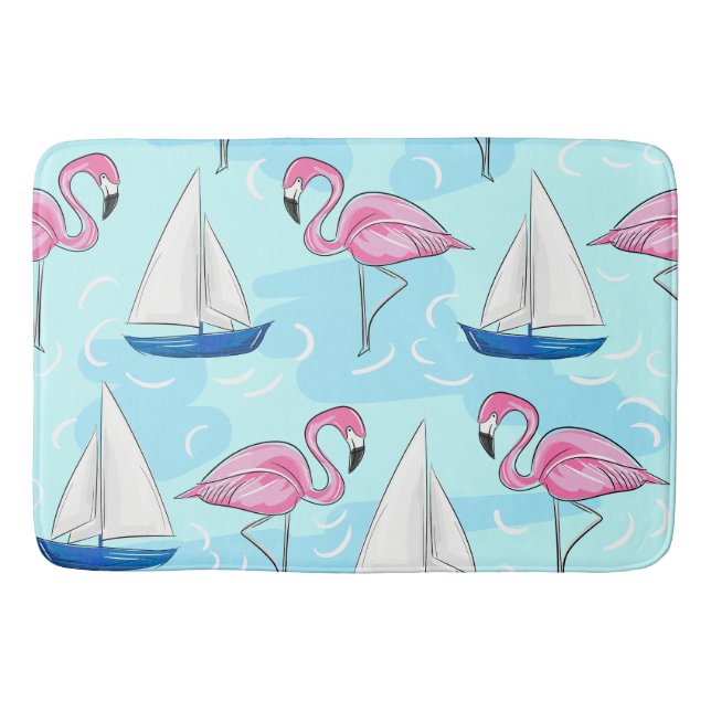 Tapete De Banheiro Pink Flamingo Blue Sailboat Preppy (Frente)
