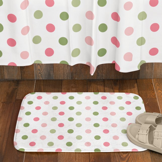 Tapete De Banheiro Pink & Sage Green Polka Dot (Pink & Sage Green Polka Dot Bath Mat)