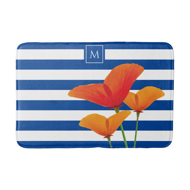 Tapete De Banheiro Poppy Blue Stripes Monograma (Frente)