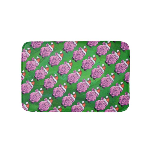 Tapete De Banheiro Porco Feriado em Santa Hat Padrão em Verde (frente)