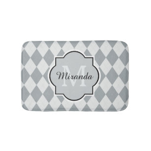 Tapete De Banheiro Preppy Soft Cinza Argyle Girly Monograma e Nome