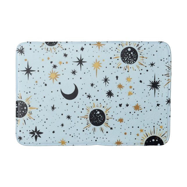 Tapete De Banheiro Preto, Dourado e Azul Sol Lua Estrelas Celestiais (Frente)