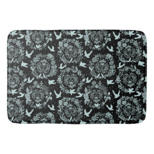 Tapete De Banheiro Preto e Verde Menta Floral e Pássaros