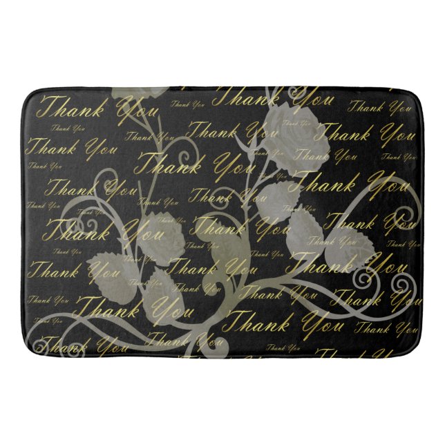 Tapete De Banheiro preto, ouro, prata, obrigado, flores, floral, (Frente)