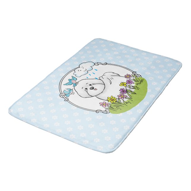 Tapete De Banheiro Primavera Bichon Frise Dog com Flores - Cute (Angulado)