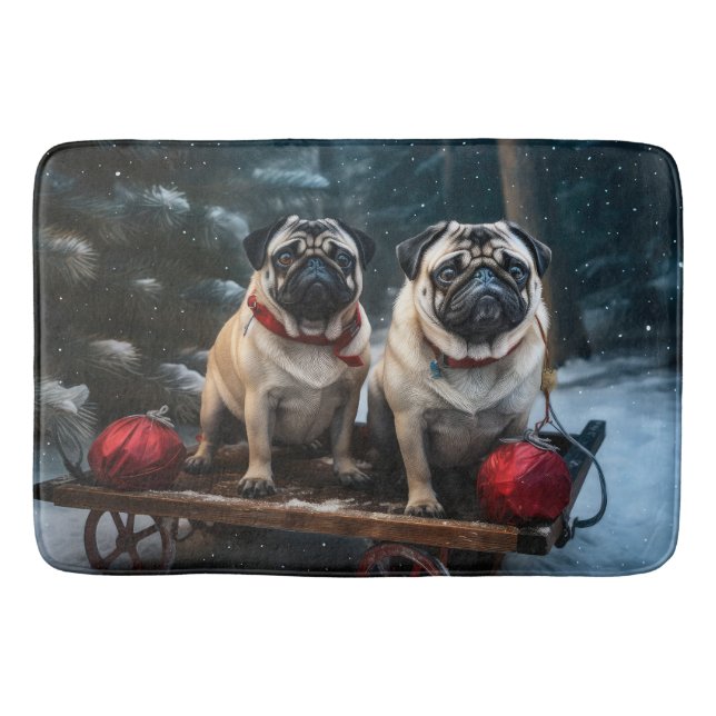Tapete De Banheiro Pug Snowy Sleigh Decoração de Natal (Frente)