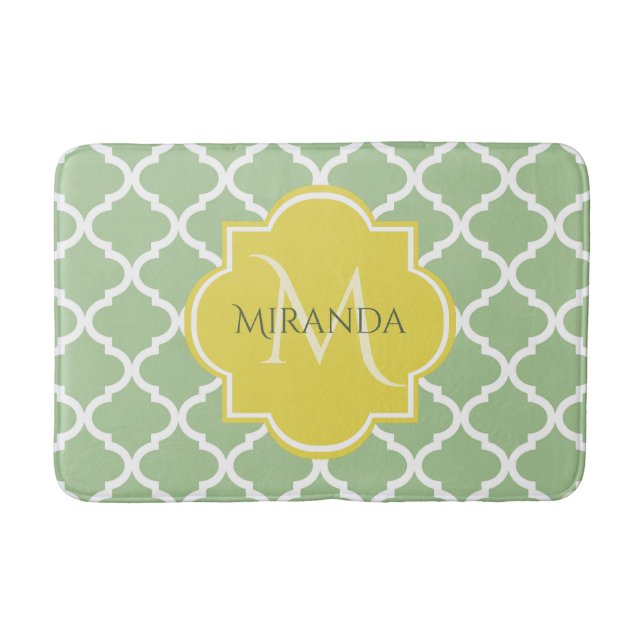 Tapete De Banheiro Quatrefoil Verde Chic Pastel Nome Amarelo Monogram (Frente)