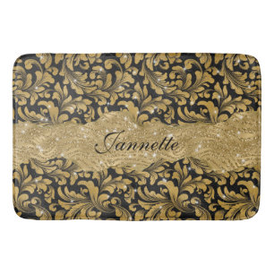 Tapete De Banheiro Quic Floral - Faux Black Dourado Monograma