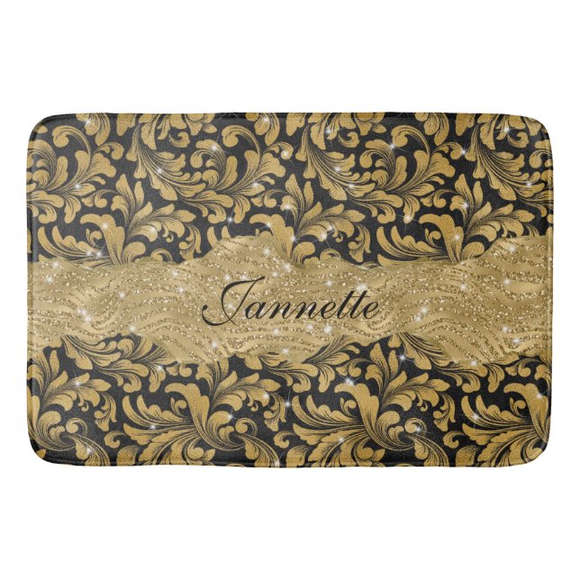 Tapete De Banheiro Quic Floral - Faux Black Dourado Monograma (Frente)
