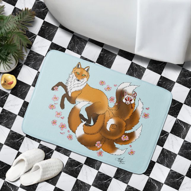 Tapete De Banheiro Raposa Kitsune Caprichosa Flores de Cerejeira Azui (Criador carregado)