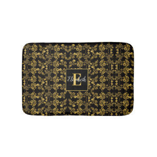 Tapete De Banheiro Real Preto e Dourado Damasco Floral Nome Personali