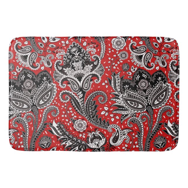 Tapete De Banheiro Red Black & White Floral Paisley Bohemian Boho (Frente)
