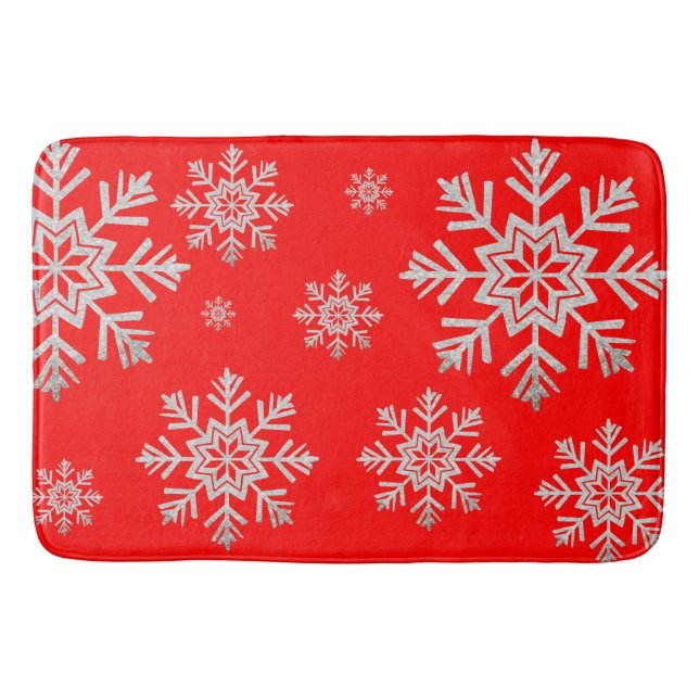 Tapete De Banheiro Red Faux Silver Glitter Snowflake Bath Mat (Frente)