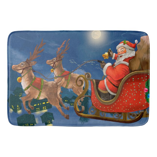 Tapete De Banheiro Reindeer Pulling Santa Claus Sleigh | Natal (Frente)
