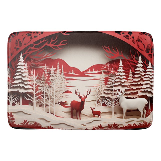 Tapete De Banheiro Reindeiros 3D em inverno Florestal (Frente)