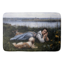 Tapete De Banheiro Reverioso (Garota deitada na grama com seu cachorr