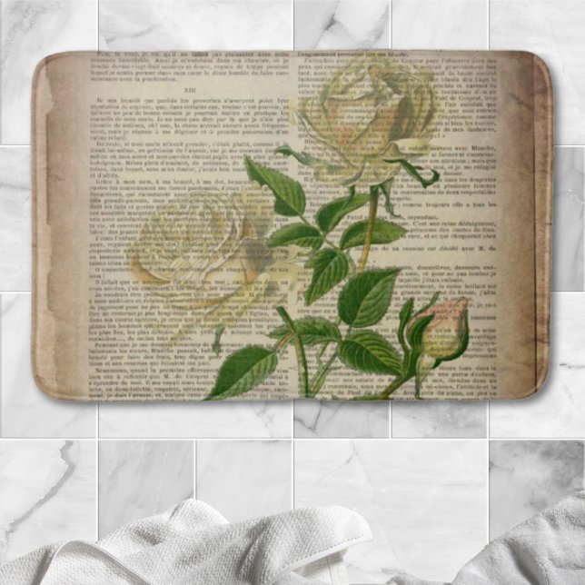 Tapete De Banheiro rosa botânica branca do país do dicionário (dictionary french country botanical white rose bath mat)