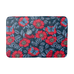 Tapete De Banheiro Rosa de cão e borboletas em azul e vermelho
