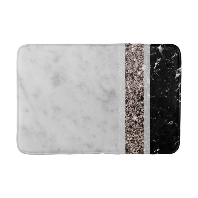 Tapete De Banheiro Rosa de mármore branco e preto com faixa de brilho (Frente)