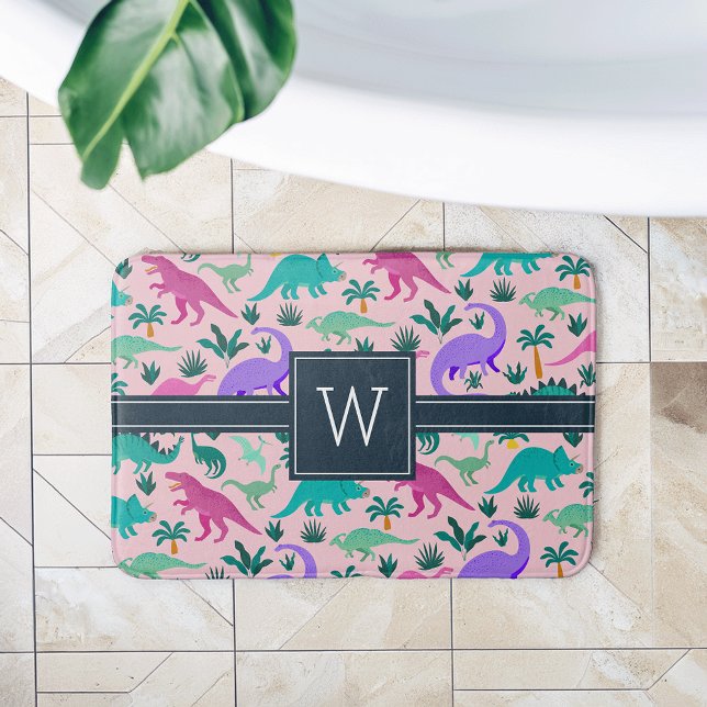 Tapete De Banheiro Rosa | Monograma - Padrão De Dinossauro Colorido (Criador carregado)